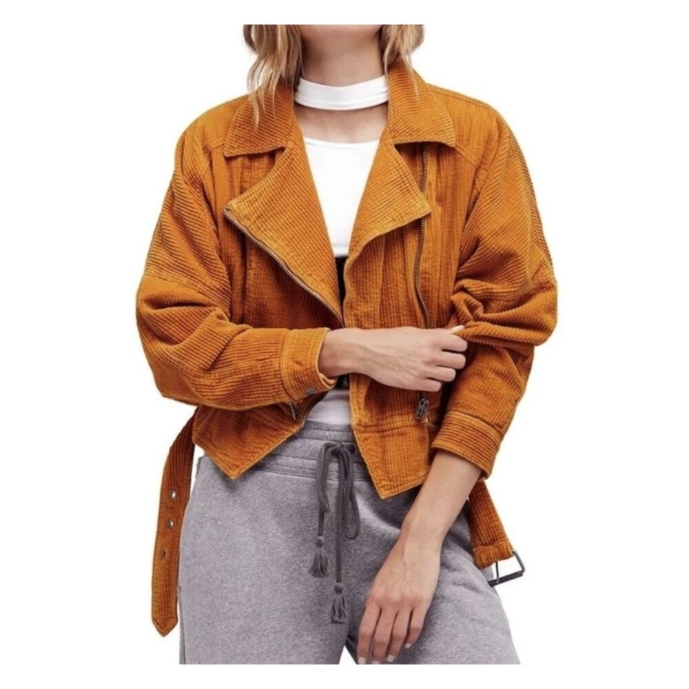 Free People Mustard Slouchy Dolman Corduroy Moto Jacket‎ Size Medium Belted